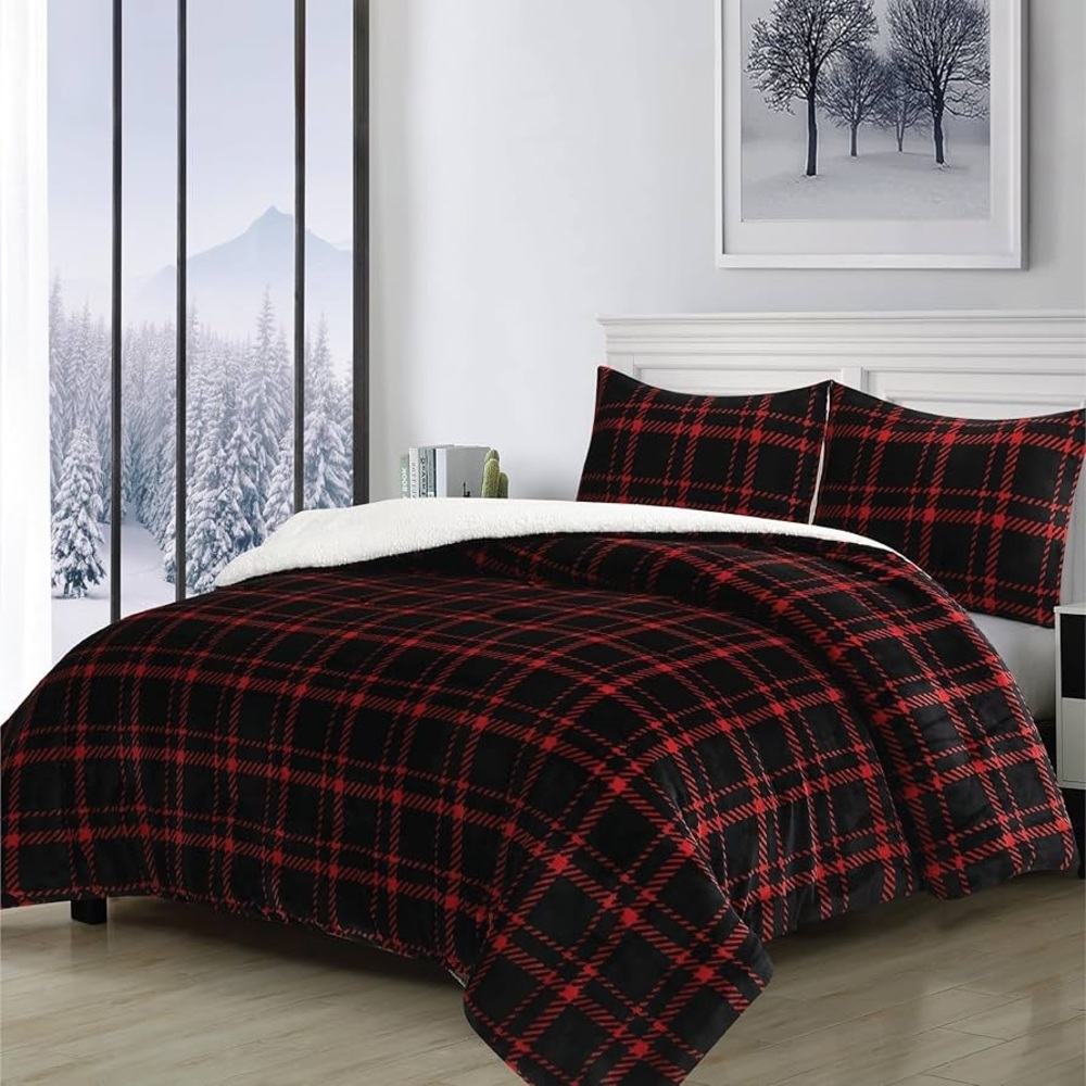 NWT Plaid Red and Black 3 Piece Bedding Set